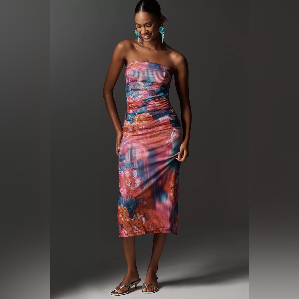 Anthropologie Nwt Soleil Slim Strapless Ruched Bodycon Mesh Dress 90's Y2k Style